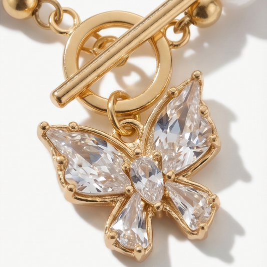 Elegant Pearl Imitation Necklace with Gold-Plated Accents and Zircon-Decorated Butterfly Pendant