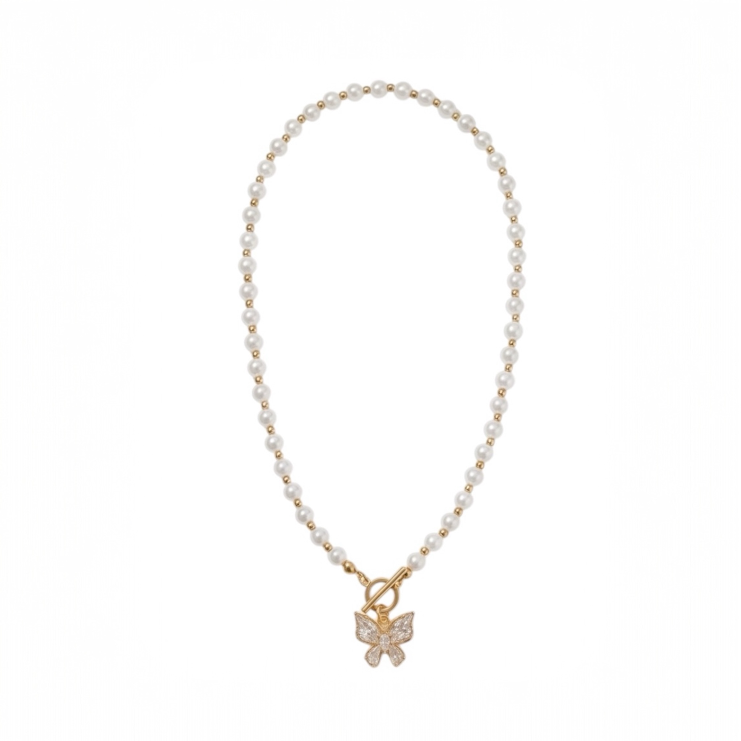 Elegant Pearl Imitation Necklace with Gold-Plated Accents and Zircon-Decorated Butterfly Pendant