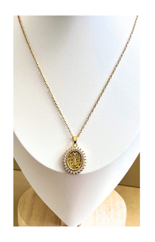Religious necklace with a Virgin pendant, 18k gold plated & copper