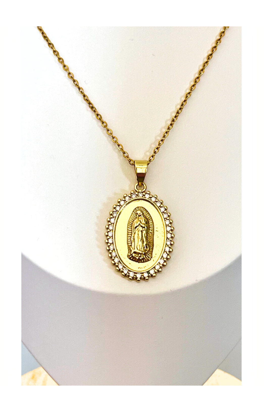 Stainless steel Necklace, Mary virgen pendant. gold plated, Unisex