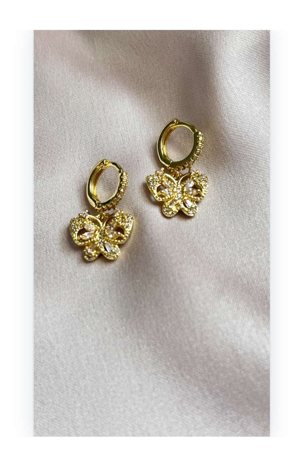 Hoop Earrings with Butterfly Shape, 14K Gold-Plated Copper with Zircon Inlay