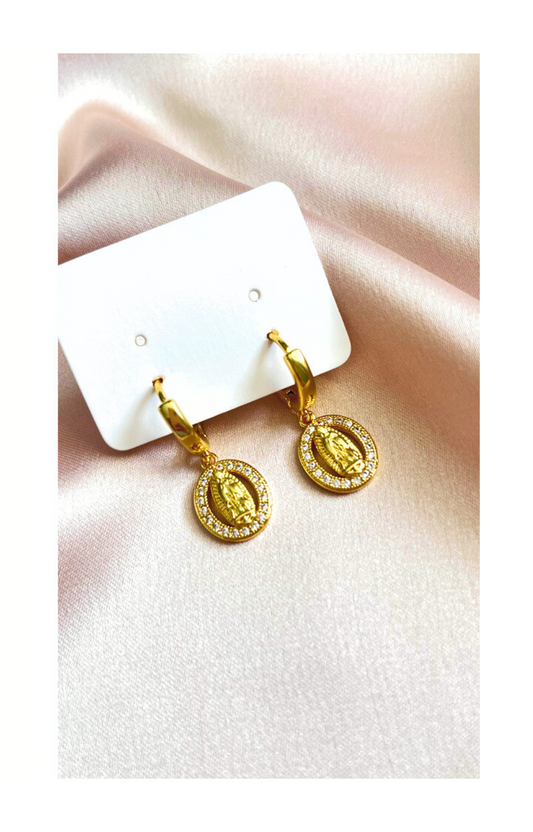 Hoop Earring with Hanging Virgin Mary Medal, Religious Style in Gold Plating
