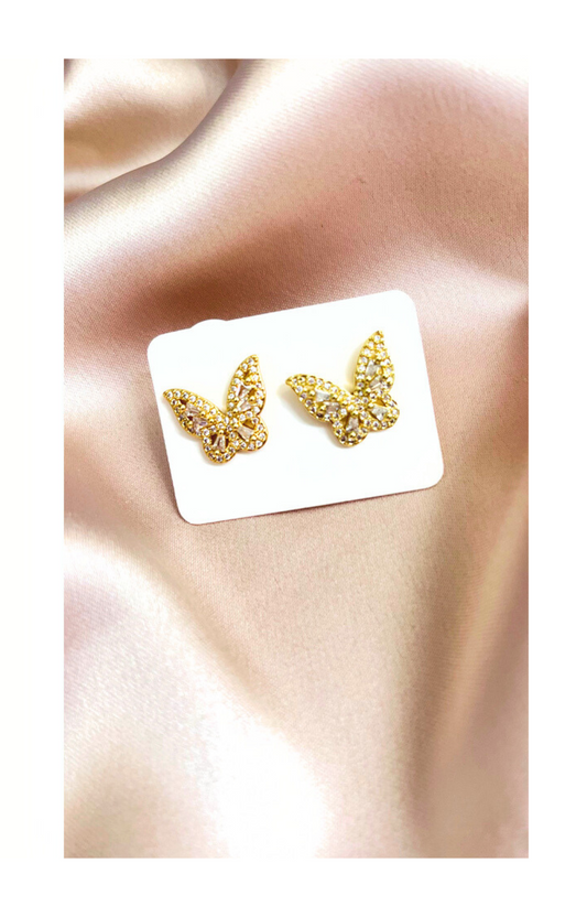 Small butterfly-style earrings with zircons, plated in 18k gold, copper base