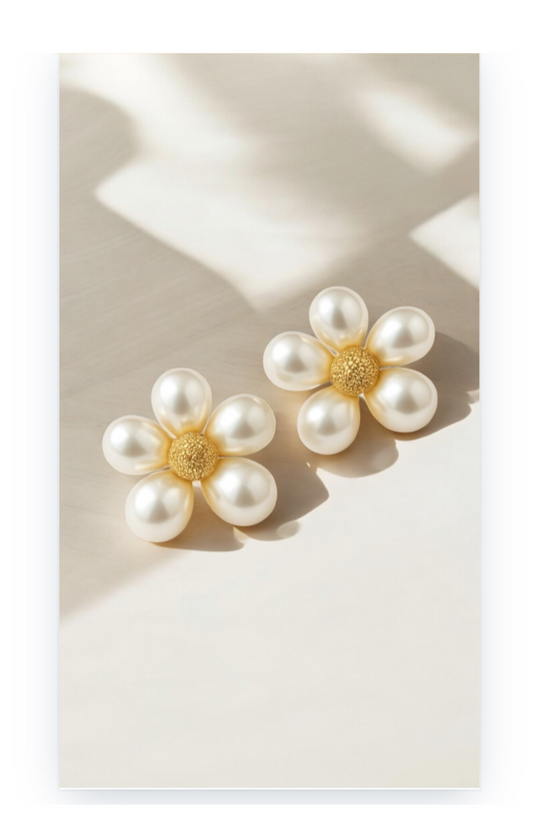 Flower-Shaped Earrings Adorned with Synthetic Pearls, 18k Gold-Plated Brass