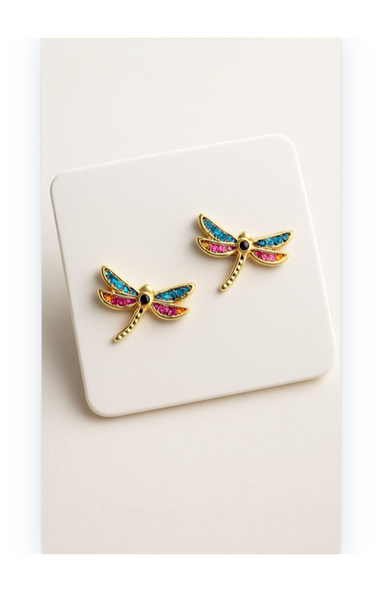 Gold-Plated Dragonfly Stud Earrings with Small Multicolored Zircons