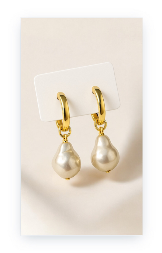 Gold-Plated Drop Earrings with Hanging Pearls on Copper Base