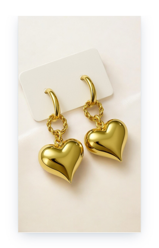 Heart-shaped Hanging Earrings, Gold Plated- Brass
