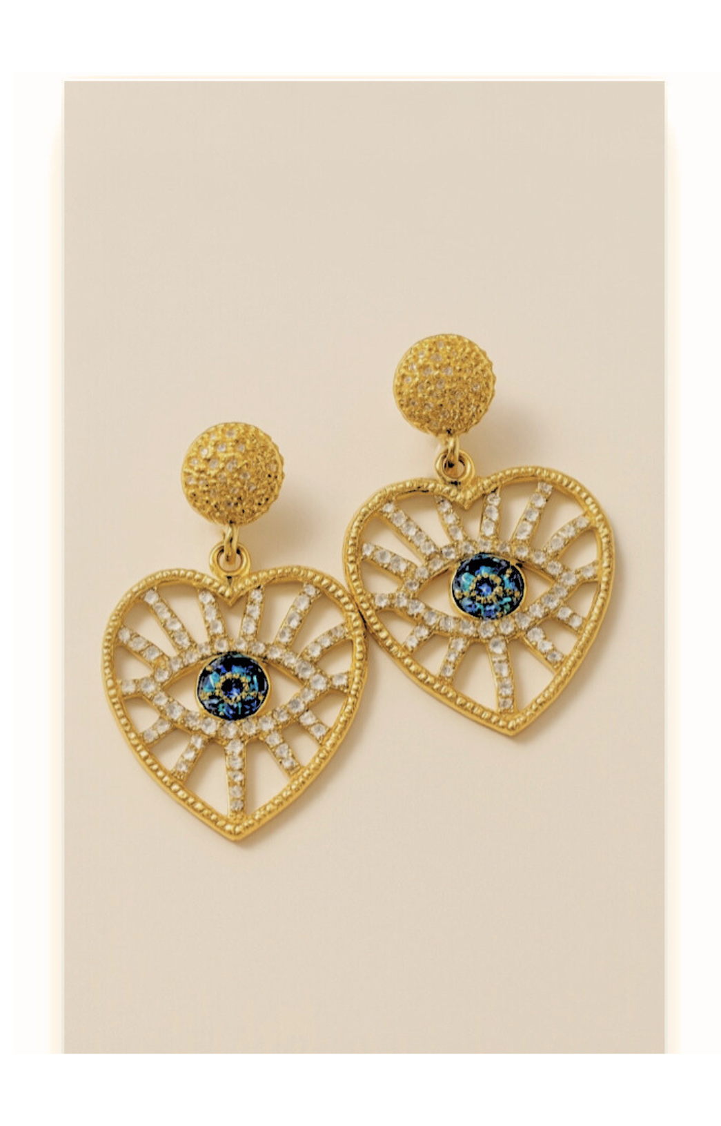 Evil Eye Heart-Shaped Dangle Earrings with Artificial Zircons