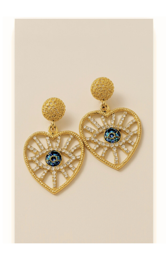 Evil Eye Heart-Shaped Dangle Earrings with Artificial Zircons