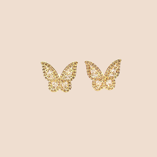 Small butterfly-style earrings with zircons, plated in 18k gold, copper base