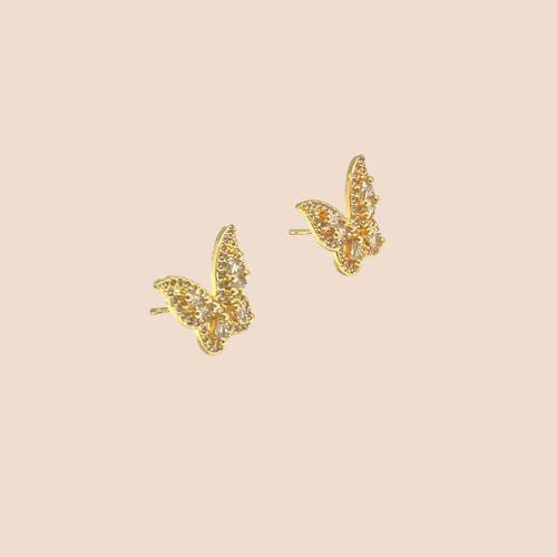 Small butterfly-style earrings with zircons, plated in 18k gold, copper base