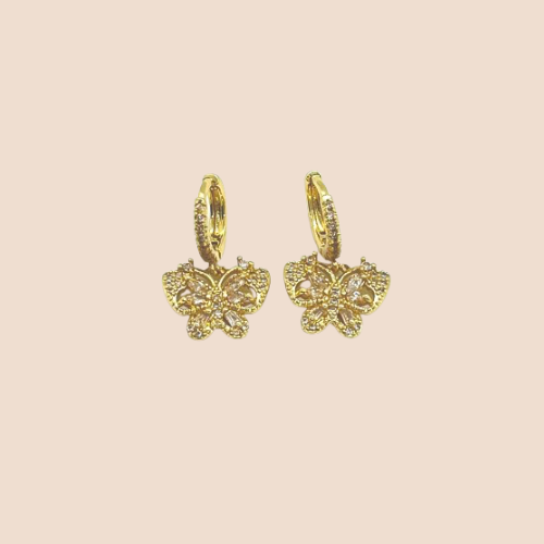 Hoop Earrings with Butterfly Shape, 14K Gold-Plated Copper with Zircon Inlay